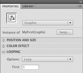 A detail of the Properties panel showing the properties of a graphic symbol instance