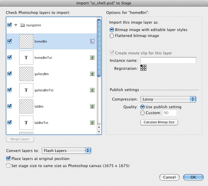 The PSD import dialog, setting properties for a layer of button art