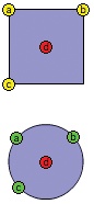 Shape hints in the first keyframe (top) and last keyframe (bottom) of a shape tween