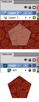 A shape layer over a bitmap before using the shape as a mask (top) and after (bottom)