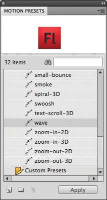 The Motion Presets panel, showing a preview of the selected Wave effect