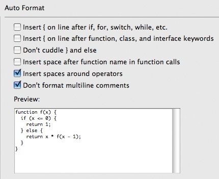 The Preference dialog’s ActionScript formatting preferences