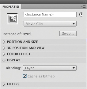 A movie clip’s Cache as bitmap option in the Display section of the Properties panel