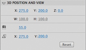 The default perspective angle (camera icon) and vanishing point (converging lines icon) settings in the Properties panel