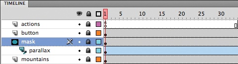 A detail of the gallery movie clip Timeline panel, showing the masked parallax tween