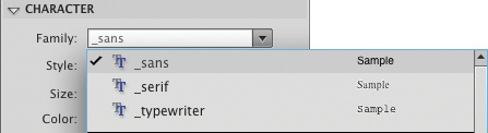 Choosing a device font from the font Family menu in the Properties panel