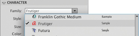 Choosing a custom font from the font Family menu in the Properties panel