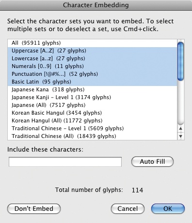 Embedding a subset of character glyphs using the Character Embedding option in the Properties panel