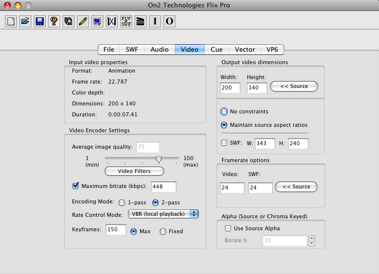 Applying video settings in On2 Flix