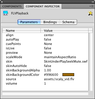 Configuring a FLVPlayback component using the Component Inspector panel