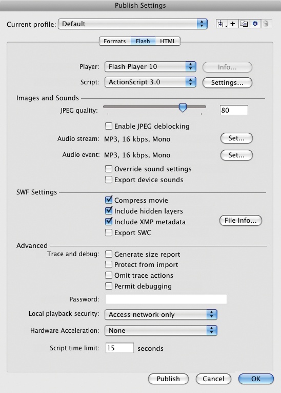 Flash publish settings