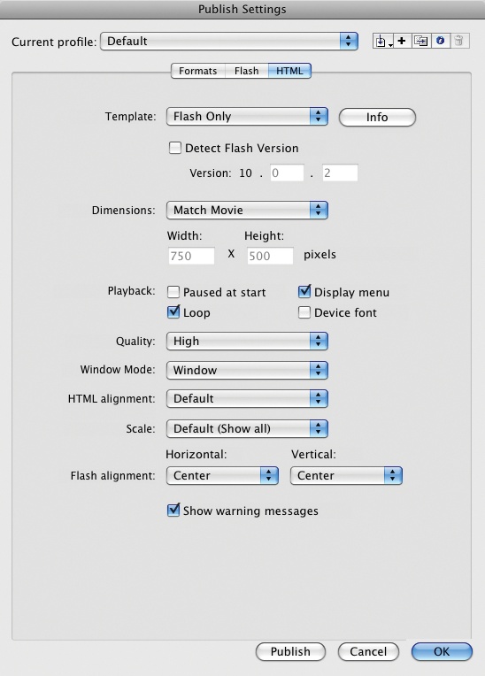 HTML publish settings