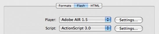 The FLA’s publish settings, setting Adobe AIR 1.5 as the target player