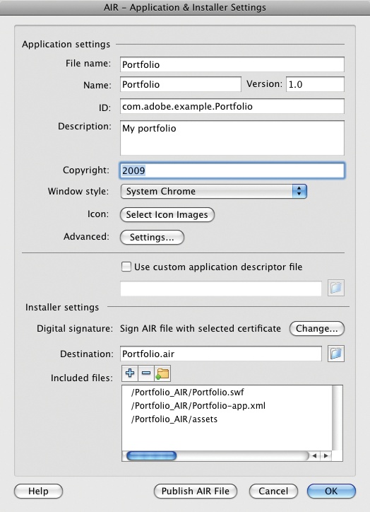 AIR application and installer settings