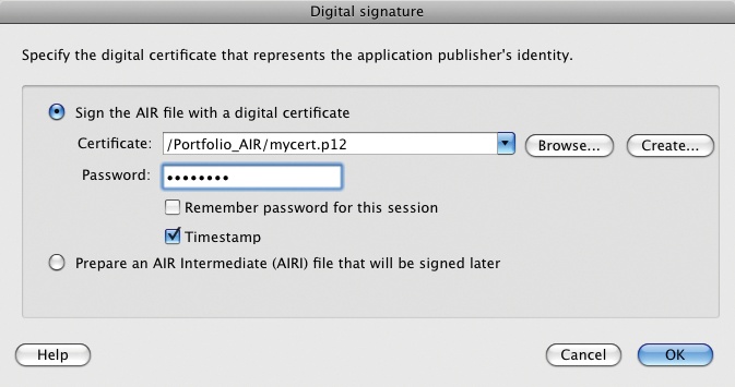 AIR digital signature settings