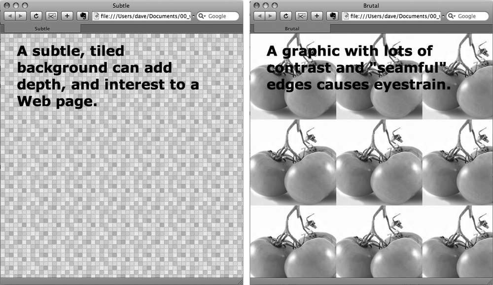 Be careful when tiling images in the background of a web page. Choose an image without a lot of contrast that tiles seamlessly (left). An image with too much contrast (right), makes text hard to read.
