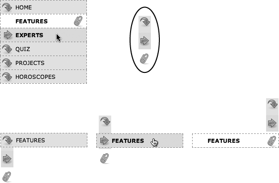 With some basic CSS, it’s easy to create interactive rollover effects for navigation buttons. You can even automatically highlight the section of the site in which the current page is located. To speed up the download of your navigation bar graphics, you can use the CSS Sprites method described on . Basically you use one image (circled at top right) and adjust its position for different states of each button (bottom row).