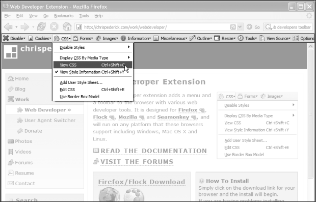 The Web Developer’s Extension is a must-have tool for any web designer. This Firefox extension lets you view the styles of any site on the Web, identify the structure of a page’s HTML, find out more information on how any element on a page is styled, validate a page and its CSS in one easy operation, and even edit the CSS of a page and see how the changes you make affect the appearance of the page.