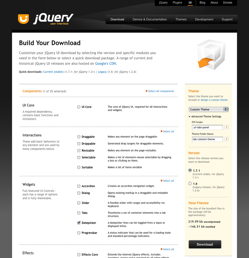 The jQuery downloader combines UI core, any interactions and widgets you select, and your theme into a single zipped file