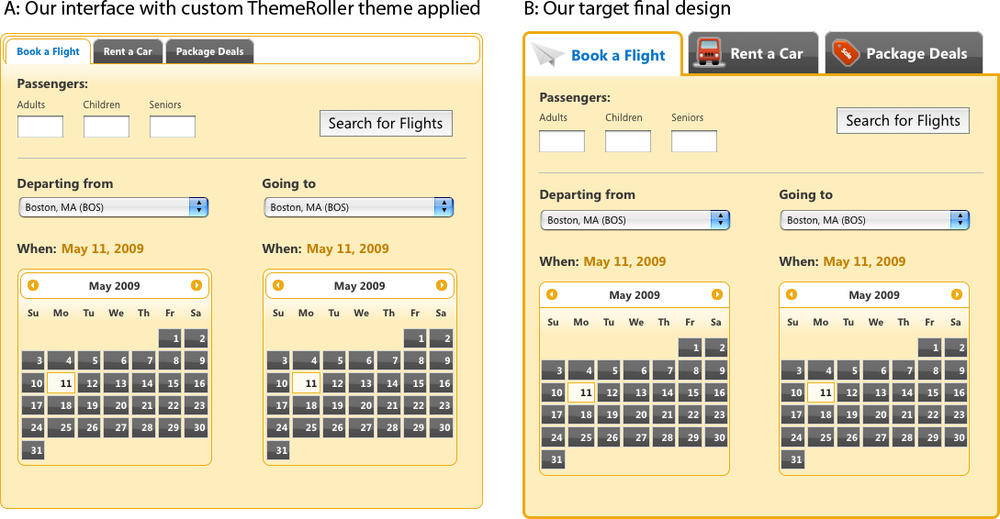 Our design interface with customized ThemeRoller theme applied (A) and our target final design (B)