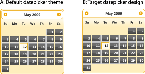 Our datepicker with ThemeRoller theme applied (A) and our target design (B)