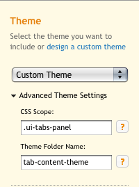 The jQuery UI download builder’s Advanced Theme Settings expands to provide fields for CSS scope and the new theme folder name