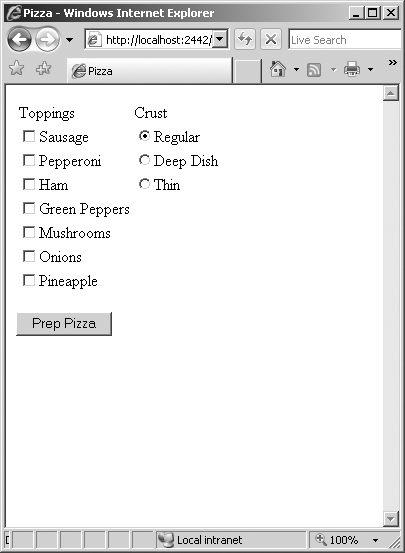 Adding radio buttons for selecting the crust type