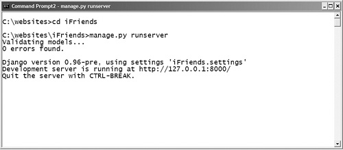 Starting the development server from a command line.