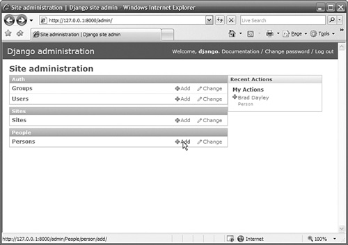 Main page for Django’s admin interface, showing the People application.