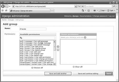 The Group Add view in the admin interface.