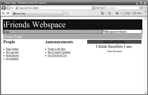 The home_view() web page for the iFriends site with a German welcome message.