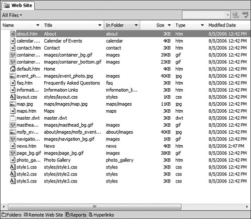 Expression Web 2 can display many reports on your Web site. The All Files report is shown here.