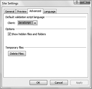 The Advanced tab allows you to configure script language, determine whether hidden files and folders are visible, and clean up temporary files.