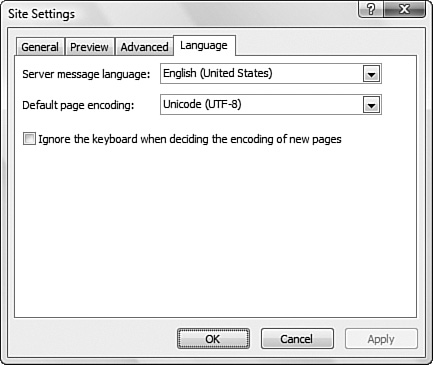 The Language tab configures page encoding and the language used for server messages.