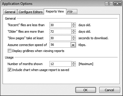 The Application Options dialog contains options for configuring the default presets for Expression Web 2 reports.