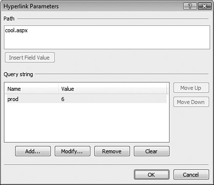 The Hyperlink Parameters dialog allows you to create querystring parameters in a hyperlink. It’s actually just as easy to enter them into the hyperlink text.