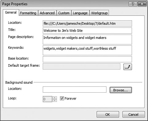 The General tab in the Page Properties dialog provides settings for page title and other general page settings.