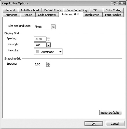 The Ruler and Grid can both be customized using the Page Editor Options dialog.