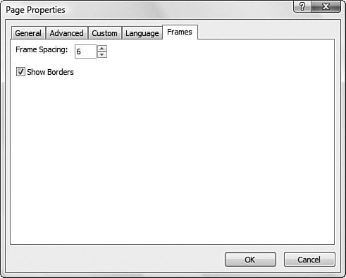 Properties for the frameset page are configured in the Page Properties dialog.