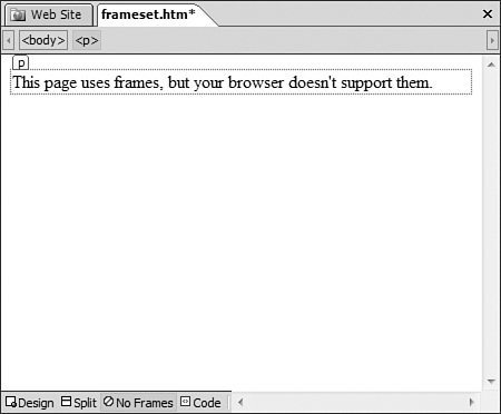 The No Frames view allows you to enter content to be displayed when a browser doesn’t support frames.