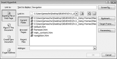 The Target Frame button in the Insert Hyperlink dialog makes targeting a specific frame easy.