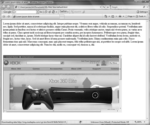 An inline frame allows you to have a page within a page. In this case, the Microsoft Xbox 360 Web site is displayed inside an inline frame.