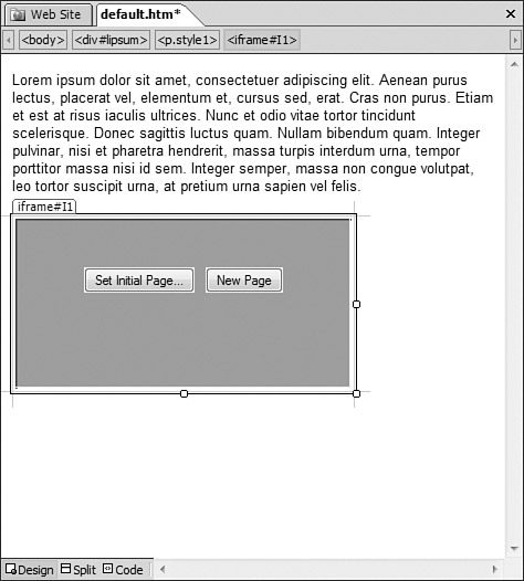 Selecting a page for display in an inline frame is performed just as it was with a frameset. You can specify an initial page or create a new page.