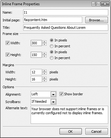 Inline frames are configured using the Inline Frame Properties dialog.