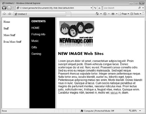 A nested frameset caused by a frames page linking to another frames page. Notice that there are two navigation frames, one belonging to the previous frames page.