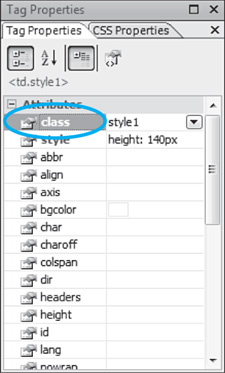When a property is set, the property name appears in bolded blue text. To see all the HTML code for the selected tag, hover over the tag’s name.