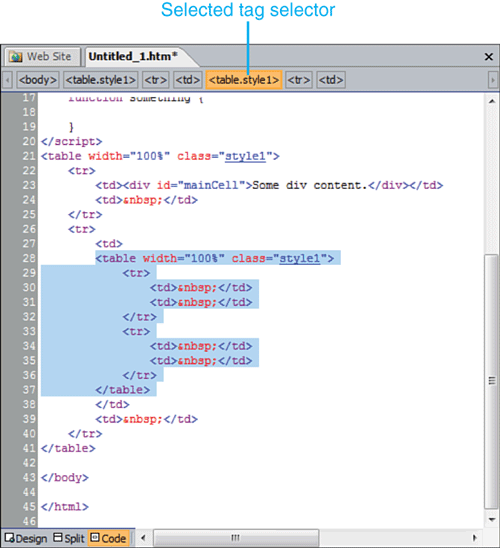 In Code View or Split View, selecting a quick tag selector will highlight the corresponding code.