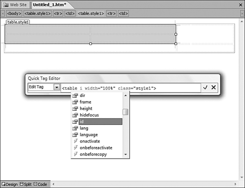 IntelliSense support in the Quick Tag Editor allows you to easily and accurately add an ID attribute to the table.