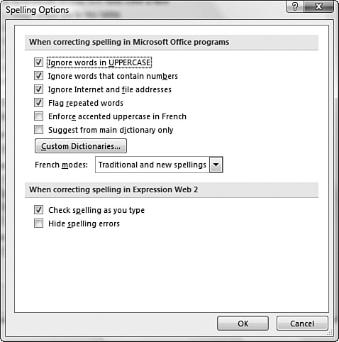 The Spelling Options dialog provides plenty of options to customize how Expression Web 2 checks your spelling.