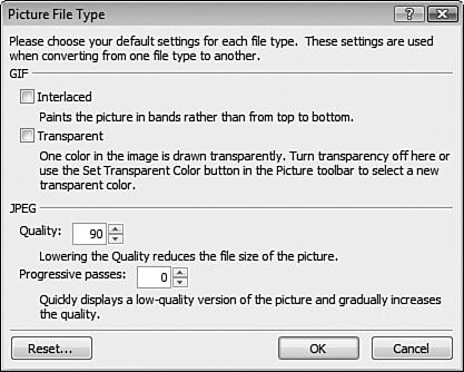 GIF and JPEG options are configured in the Picture File Type dialog.